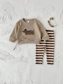 Bộ 2 áo nỉ dài tay thêu hình chó Dachshund dễ thương cho bé trai và bé gái, Xuân/Hè - màu nâu - Xem 8