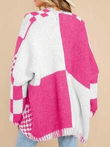 Womens Oversized Plaid Knit Cardigan Sweater Color Block Checkered Open Front Long Sleeve Coat - 粉色 - 查看 4