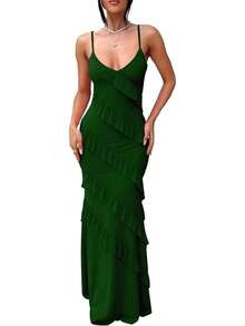 Women's Backless Bodycon Spaghetti Strap Elegant Ruffle Maxi Cocktail Party Dresses, 2025 QMO3 - Dark Green - View 1
