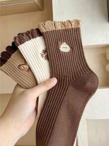 5 双蝴蝶蕾丝边中筒袜，适合女士，百搭，春秋 - 彩色 - 查看 1