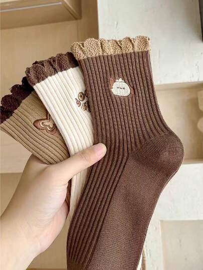 5 双蝴蝶蕾丝边中筒袜，适合女士，百搭，春秋