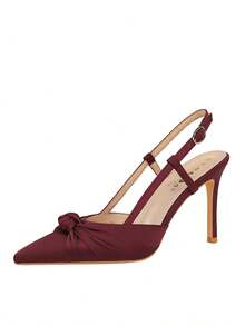 European & American Style Satin Bow Pointed Toe Slip-On High Heel Pumps, Low Vamp Backless Women Party Shoes - Burgundy - View 7