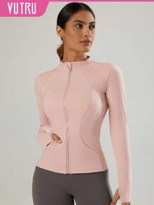 VUTRU 1 件女式前拉链口袋长袖运动夹克带拇指孔瑜伽日常休闲健身