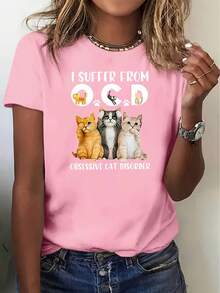 Camiseta gráfica "Sufro de TOC" para hombres y mujeres con gatos de dibujo animado - Casual, de manga corta, cuello redondo, comodidad para todas las estaciones, ropa casual de vacaciones, ropa casual| Diseño Juguetón| Cómodo - Negro - Ver 12