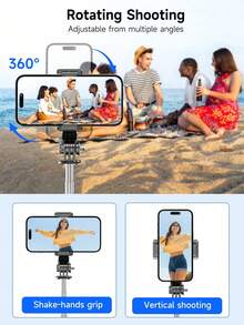 TOKQI 自拍杆三脚架，带可选补光灯，便携式和伸缩式，可伸缩自拍杆三脚架，带无线遥控器和三脚架支架，轻巧紧凑，兼容各种设备型号。