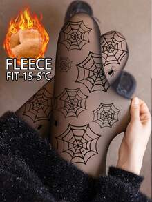 1pc Women's Sexy Spider Web Thermal Lined Knitted Footless Tights, Casual Daily Sheer Skinny Leggings