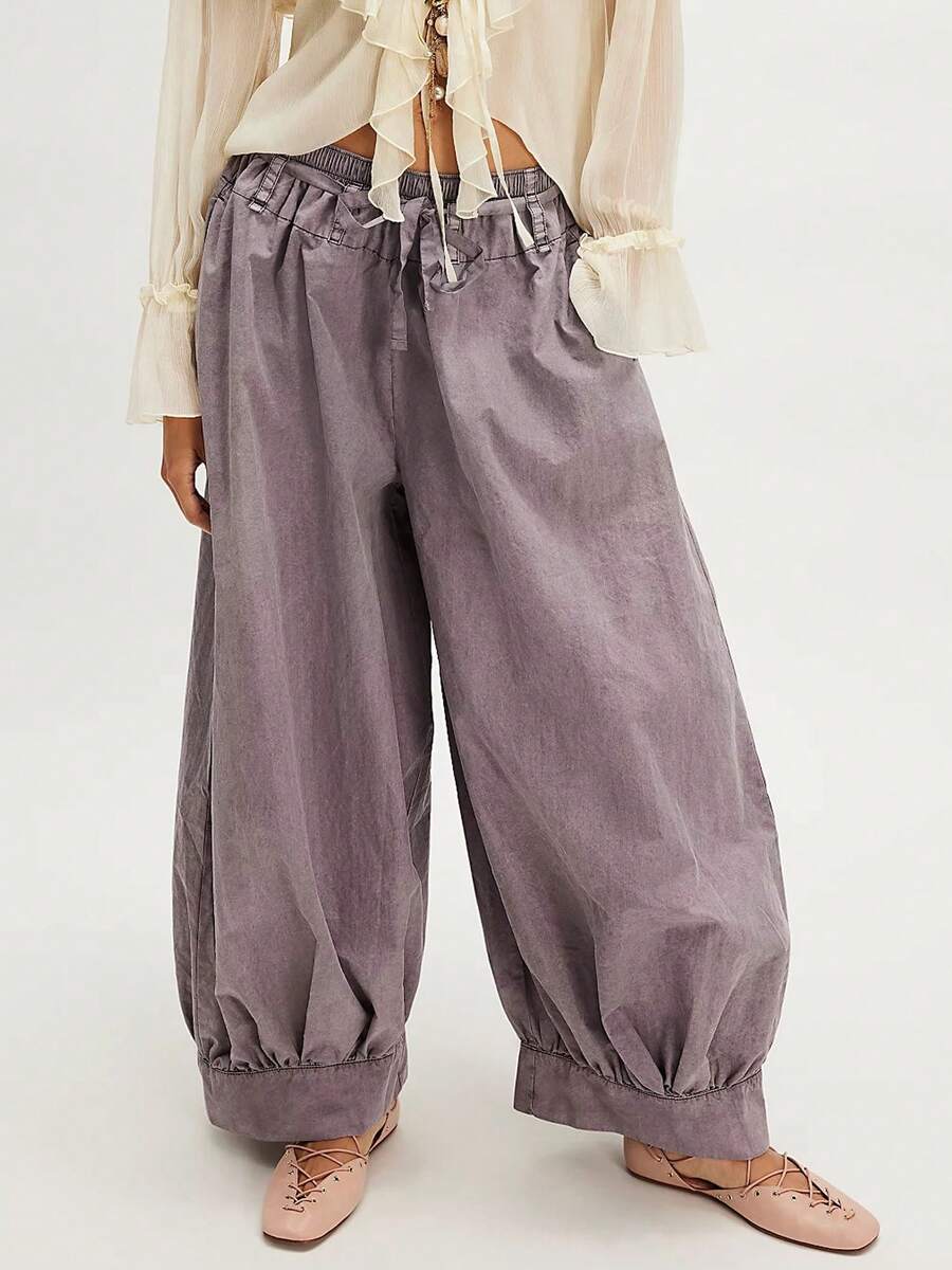 Women's Casual Cotton Linen Baggy Pants With Drawstring Elastic Waist Relax Fit Lantern Trouser With Pockets Daily Streetwear - 紫色 - 查看 1