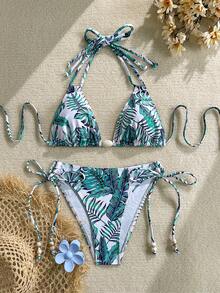 女士休闲露背系带比基尼套装，时尚热带印花两件式泳衣 - 彩色 - 查看 3