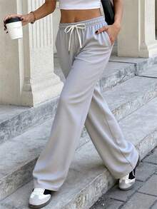 Women's Casual Straight Leg Pants, Outdoor Versatile Solid Color Elastic Waist Lightweight Casual Trousers, Spring/Autumn