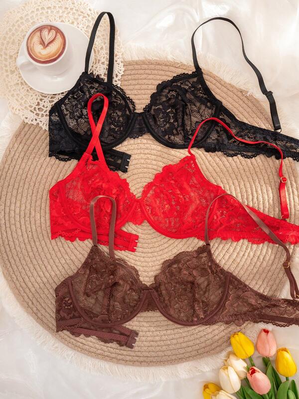 3pcs Women's Solid Color Lace Thin Cup Underwire Comfortable Bras