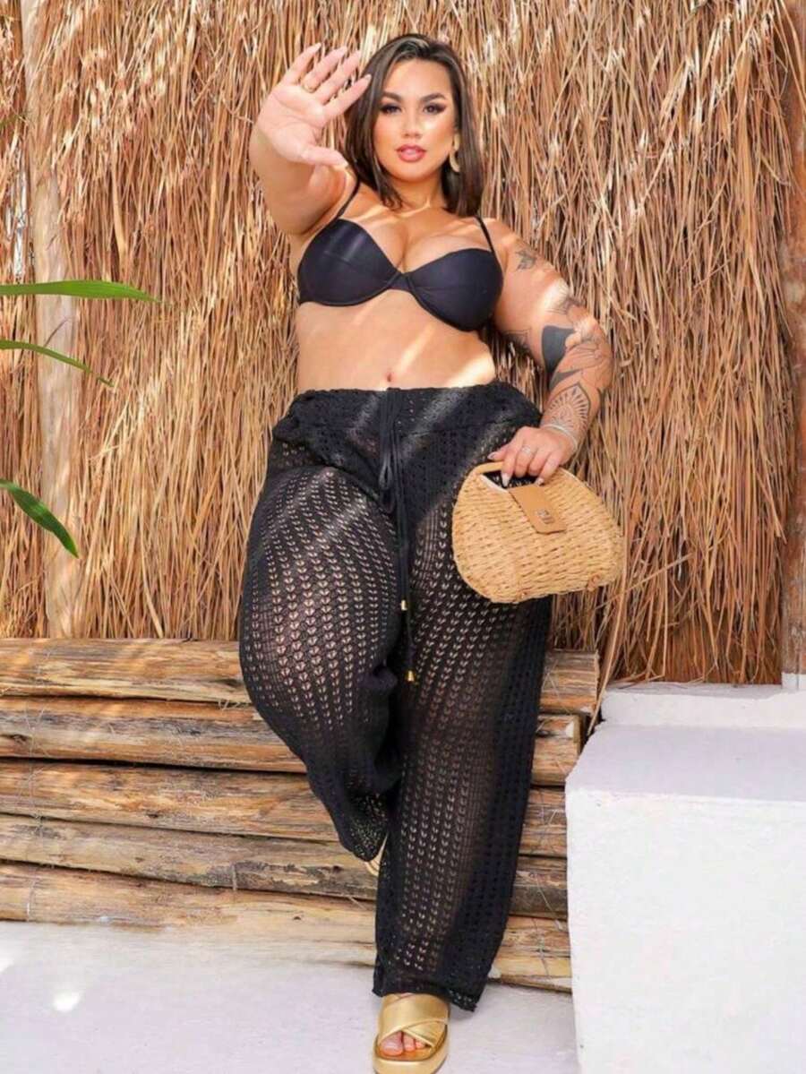 Beach Pants Plus SIZE Knitwear With Adjustable Waistband - 黑色 - 查看 1