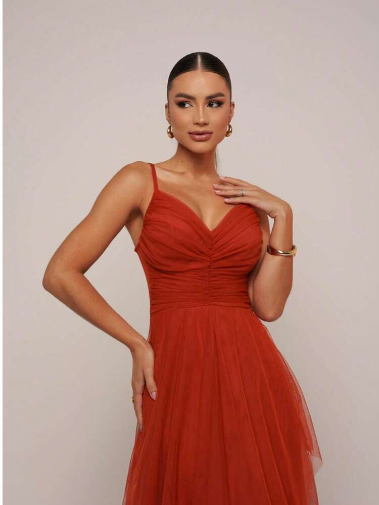 Women's Party Dress For Graduation And Bridesmaids Wedding With Gathered Bust Without Shine - 紅陶 - 查看 3