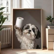 1 pièce Impression sur canevas d'un Shih Tzu avec du papier toilette, œuvre murale sans cadre, décoration pour la maison et le bureau, parfaitement adaptée à la décoration de la maison, de la chambre, du salon, de la salle de bain, décoration murale, avec ou sans cadre en option