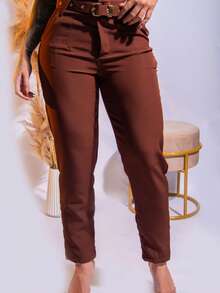 Women's Tailored Trousers With Elegant Buckle Belt And Pocket, Skinny High Waist - 鏽棕色 - 查看 5
