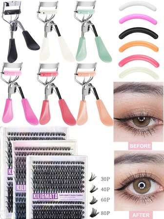 Eyelash Curler With Silicone Pads And Individual Cluster Lashes Set – No-Pinch Curling Tool For Natural Looking Lashes, DIY Extension Kit With Refill Pads, Lash Applicator & 30P 40P 60P 80P Lash Clusters For Daily Makeup, Party, Travel Use,Cheap,Stocking Stuffers,Makeup,Makeup Tools,Cheap Stuff,Gifts,Gifts For Women,Christmas Gifts