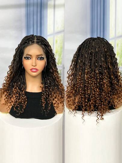 Peluca trenzada bohemia corta con caja de trenzas, peluca trenzada estilo boho con encaje completo, cabello sintético rizado con pelito de bebé para mujeres