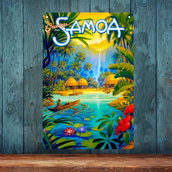 Room Decor Samoa Greetings Vintage Tin Sign, Waterproof Iron Travel Poster, 8x12 Inches, Tropical Island Decor, Pre-Drilled For Easy Hanging, With For Home And Travel Promotion.