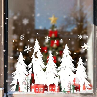 1/3/5 件圣诞树窗贴冬季房屋雪花静电玻璃贴纸，家居浴室玻璃美化乙烯基贴花，圣诞派对装饰