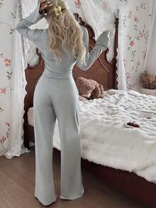Nina Bonheur 2pcs Women Lace Patchwork Long Sleeve Top + Elastic Waist Pants Cute Pajama Set - Grey - View 7
