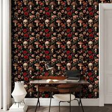 1Roll Halloween Gothic Style Wallpaper, Red Rose Skull Butterfly Seamless Splicing PET Wall Sticker, Removable No Glue Residue Contact Paper, - Multicolor - View 4