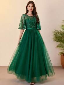 Women's Formal Ball Gown Lace Sequin Mesh Graduation Party Dress, Sequin Ruffle Sleeve Long Evening Dress, Bridesmaid Dress - Dark Green - View 3