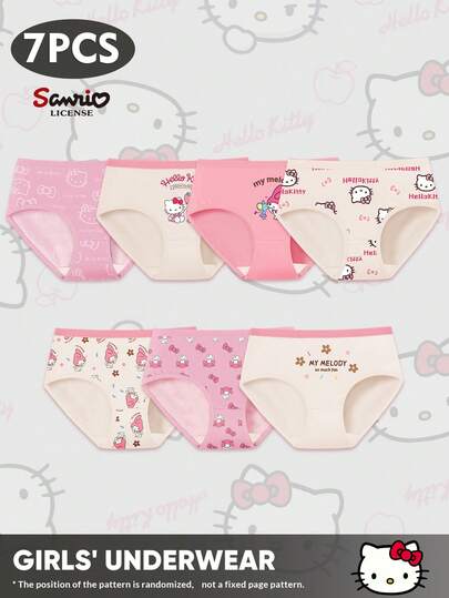 Sanrio 7pcs/Pack Kids' Sanrio Kitty Low-Rise Printed Briefs, Girls' Underwear
