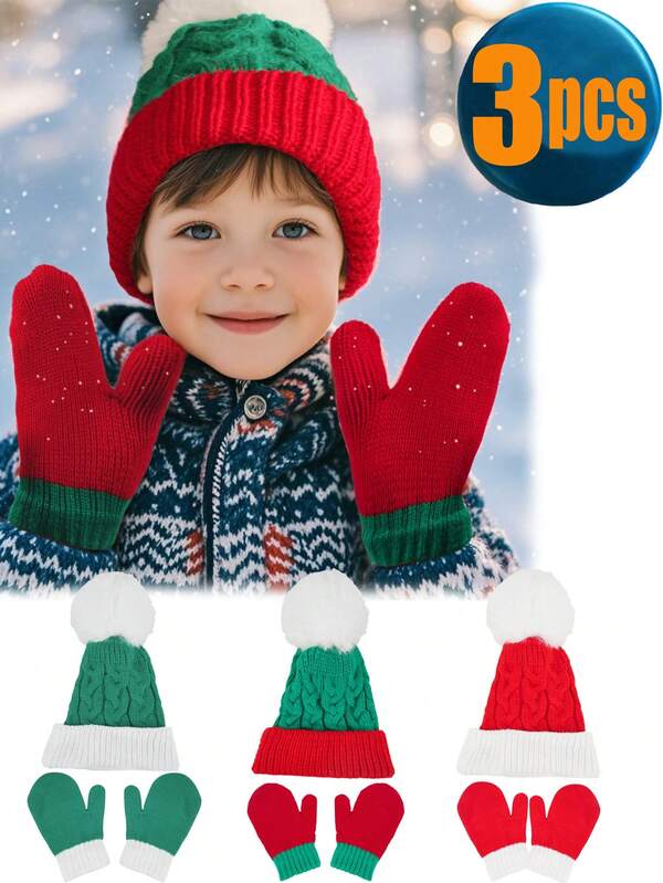 3pcs Kids Knitted Hat & Gloves Set, Warm Winter Baby Single Ball Beanie Hat And Warm Winter Baby Mittens, Infant Anti-Scratch Gloves, Knitted Hat And Gloves Set, Suitable For Christmas And New Year Party