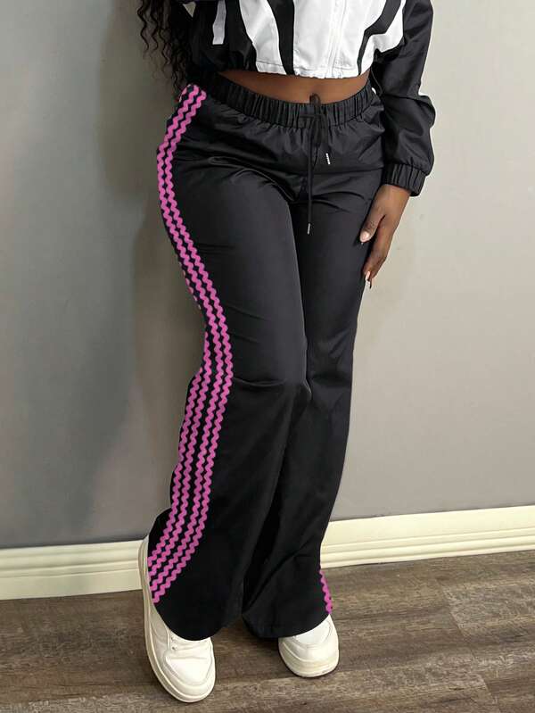 LovelyWholesale Pantalones rectos con cordón lateral y rayas onduladas para uso diario de mujer en primavera y otoño