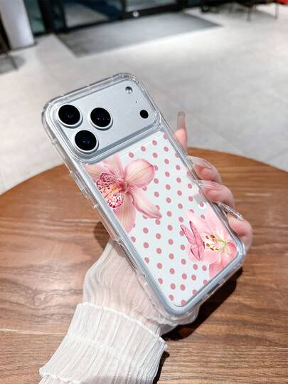 1pc Minimalist INS Style Pink Butterfly & Lily Floral Polka Dot Pattern Shockproof Soft TPU Transparent Phone Case, Compatible With IPhone 17 Pro Max/17 Air/16 Pro Max/16 Plus/16e/15 Pro Max/14/13/12/11/XS Max