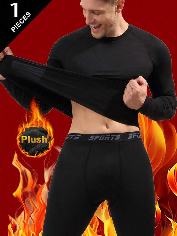 Men's Outdoor Thermal Underwear Set, Fleece Lined Thick Warm Base Layer Top And Bottom, Solid Color Long Sleeve Crew Neck Shirt And Pants, Suitable For Cold Weather Outdoor Activities Like Skiing In Autumn/Winter