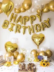 44pcs 16-Inch Gold Happy Birthday Letter Foil Balloon Set, Includes Gold & White Latex Balloons And Heart Foil Balloons, English Happy Birthday Letter Decoration, Party Scene Decor, Happy Birthday, Gold Champagne Balloons, Home Party Background Decor, New Year, Graduation, Birthday Party Decoration