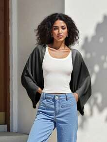 Long Sleeve Summer Knit Shrug, Breathable Lightweight Open Front Bolero, Solid Color Beach Vacation Cover Up, Minimalist Chic Shoulder Shrug - 黑色 - 查看 4