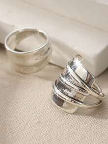 2pcs Classic & Simple Vintage Rings, Layered Party Jewelry, Elegant Daily Style Rings Designed For Women - Silver - View 8