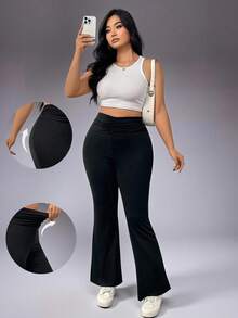 Pantalones de entrenamiento de talla grande para mujer con cintura alta, unicolor y volantes acuchillados - Negro - Ver 2