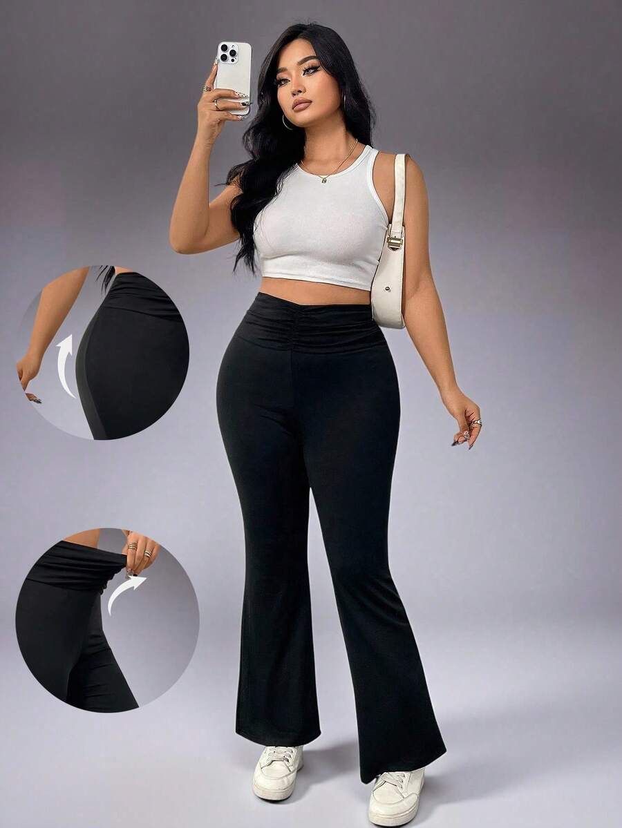 Pantalones de entrenamiento de talla grande para mujer con cintura alta, unicolor y volantes acuchillados