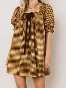 Puff Sleeve Babydoll Mini Dress Square Neck Floral Bubble Sleeve Short Dress Womens Cute Polka Pot Micro Dresses Y2k - Yellow - View 5
