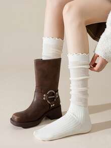 1/5 Đôi tất nữ thu/đông, kiểu Hàn Quốc đơn giản, viền bèo nhún màu trơn, dài đến bắp chân, đa năng cho phong cách Y2K, kết hợp với bốt đi xe, tất ấm áp - Nhiều màu - Xem 7