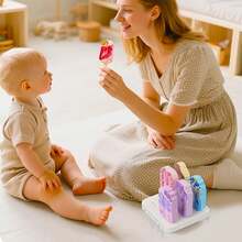 蒙特梭利木制玩具，仿真食物套装，过家家甜点架厨房游戏，冰淇淋冰棒可拆卸角色扮演玩具，培养技能，亲子活动，儿童生日礼物 - 彩色 - 查看 6