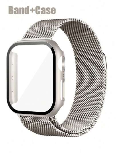 Loop-Style Stainless Steel Magnetic Strap And Case Compatible With Apple Watch For Men And Women, Soft And Breathable, Adjustable, Metal Mesh Woven, Magnetic Buckle Strap, Anti-Fall And Anti-Scratch Hard PC And Tempered Glass 2-In-1 Case, Compatible With Apple Watch Series Ultra/11/10/9/8/7/6/5/4/SE, 40/41/42/44/45/46/49mm, Fashion Casual, Easy To Wear, Sensitive Touch Strap And Case.