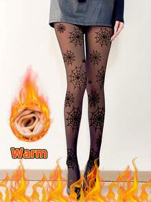 Women's Winter Spider Web Thermal Lined Thick Warm Leggings, Comfortable High Waist Skinny Pants Suitable For Holiday Outings, Holiday Outfit Leggings, Themed Party Tights, High Waist Warm Leggings, Warm Winter Skinny Pants, Geometric Pattern Leggings, Halloween Fashion Style, Thick Thermal Lined, Stretchy Fabric