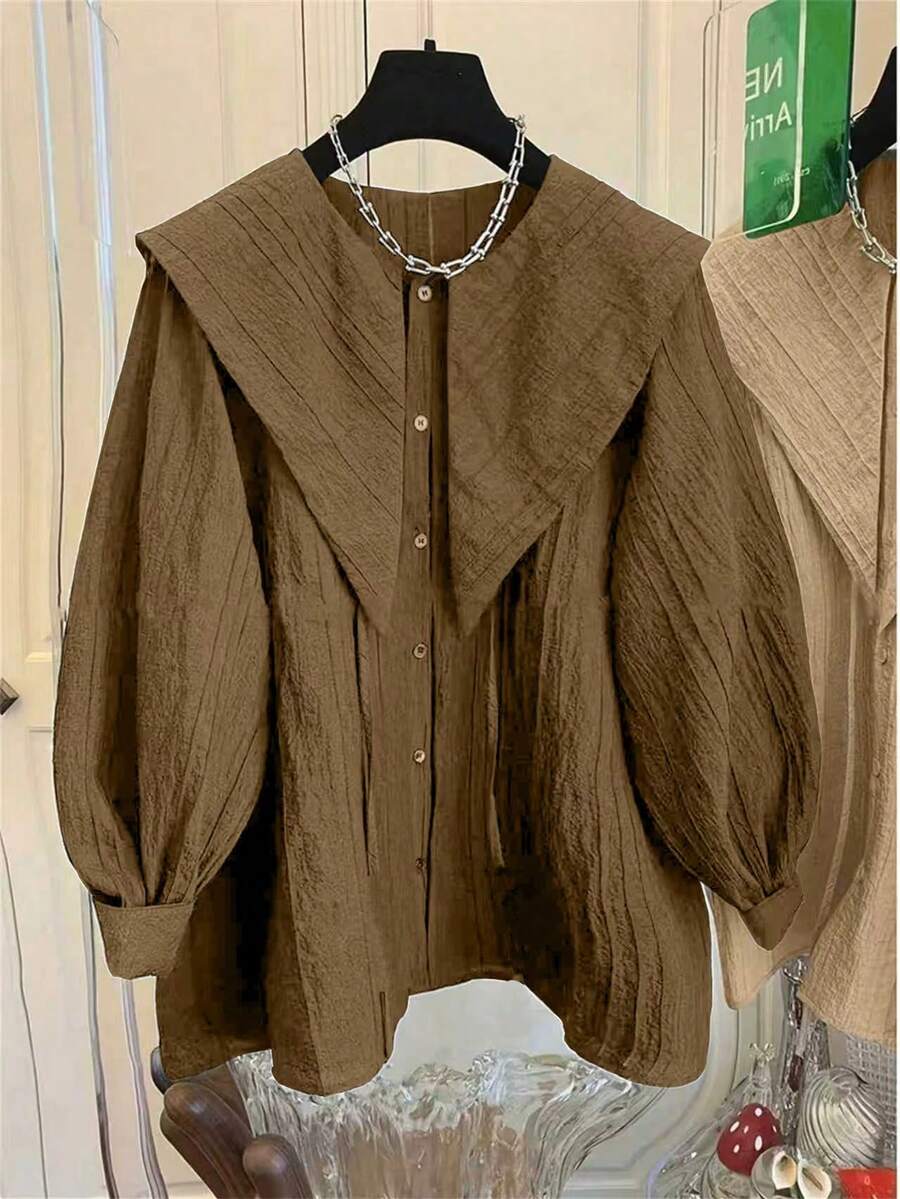 Áo sơ mi dài tay xếp ly màu đen, cài cúc phía trước, thiết kế dây rút - Chất liệu polyester, có thể giặt máy, cổ áo thủy thủ, áo sơ mi nữ thời trang, phù hợp cho mọi mùa xuân. - Màu nâu - Xem 1
