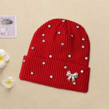 Women Knitted Hat, Bow Pearls Shiny Rhinestones Soft Crochet Hat Warm Winter Cap For Indoor Outdoor - Red - View 6