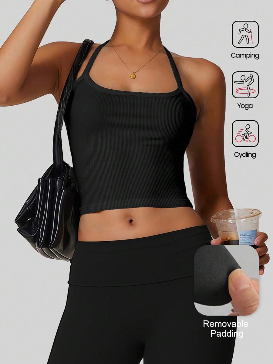 Aaseow Women's Fashionable Ruched Backless Yoga Top - Built-In Bra, Removable Cups, Sleeveless Activewear Suitable For Gym Workout And Everyday Wear - Black - View 1
