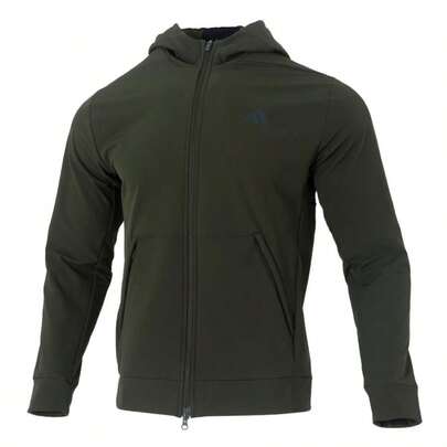 Adidas Men's Fleece-Lined Knit Hooded Jacket D4T CR FZ HD Regular Fit Polyester Fabric COLD.RDY Tech Outdoor Sports Jacket Dark Olive Green KE4370