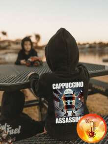 1 pezzo Felpa con cappuccio casual stampata per ragazzo giovane, foderata termicamente, manica lunga, adatta per autunno/inverno - Felpa con personaggio ispirazionale a fumetti Shanhaijing Coffee - nero - Visualizzare 2