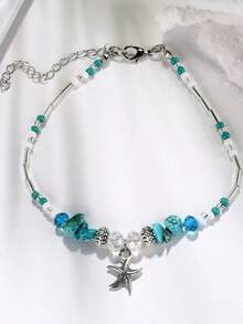 1pc Vintage Minimalist Women Anklet With Geometric Turquoise Starfish Charm, Versatile Beach/Daily Accessory - Turquoise Starfish Anklet - View 11