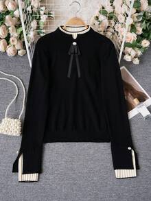 女式秋冬二合一高领针织毛衣，新款分层长袖上衣 - 黑色 - 查看 3