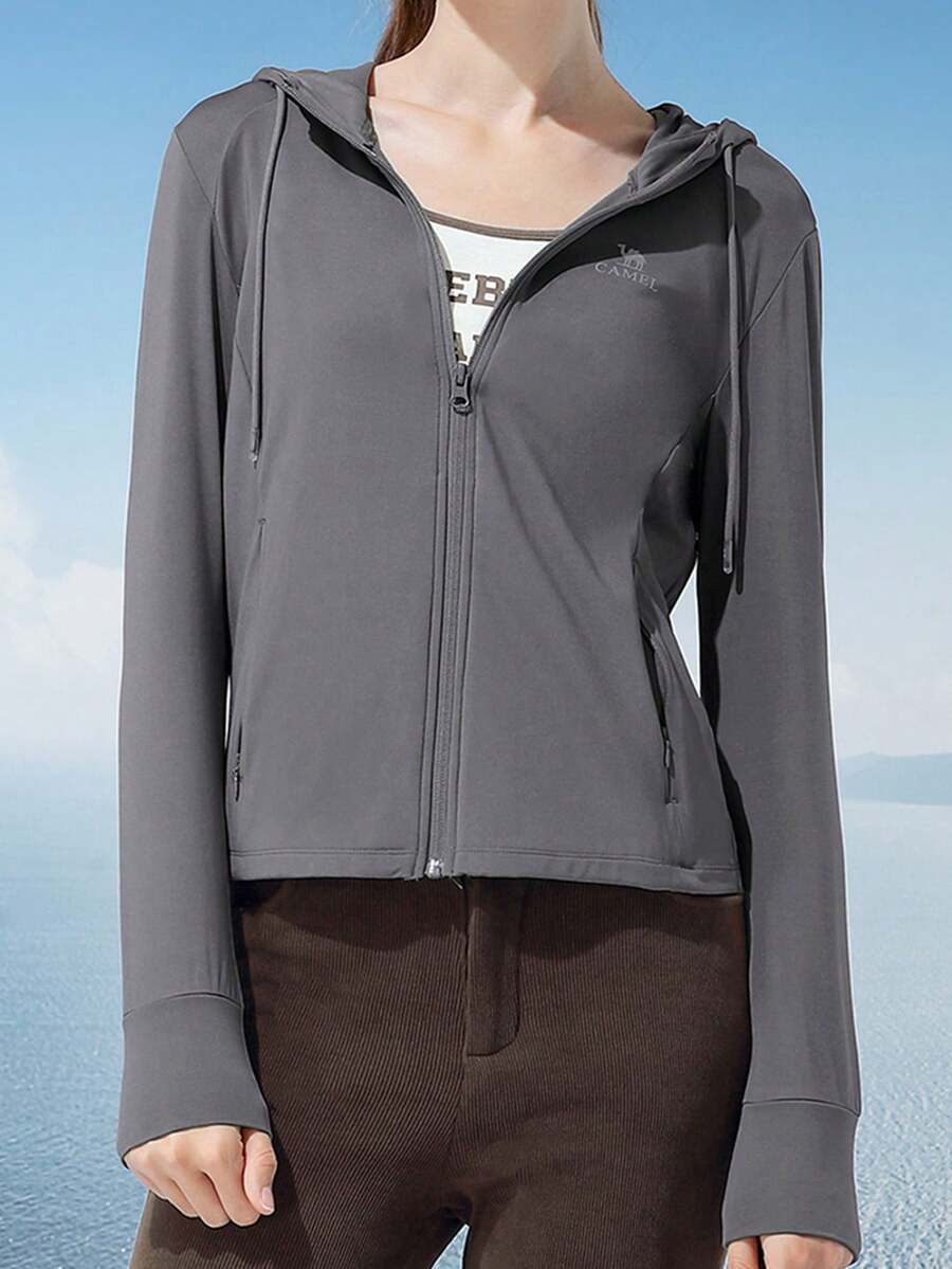 CAMEL CROWN Hooded Yoga Wear Jacket, Thin Fleece Skinny Fitness Clothing Tops Exercise Clothing Zip Cardigan - Sea Moon Gray - View 1