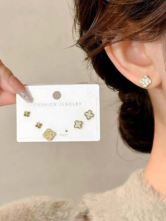 一套/3对优雅别致的女士全镶钻白色贝壳四叶草耳钉，微镶立方氧化锆，925银耳针，适合日常佩戴或作为情人节礼物