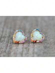 1 Pair Dainty White Opal Rainbow Small Heart Stud,Multi Colored Opal Halo Earrings,For Daily Wear, Parties,And Holidays,Birthstone Earrings,Christmas Gift - 彩色 - 查看 5